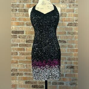 Vintage Scala fully beaded mini dress black pink silver statement sequin size 4